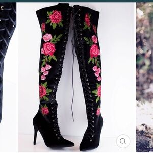 Cape Robbin Black Over the Knee Boots with Pink Floral Embroidery